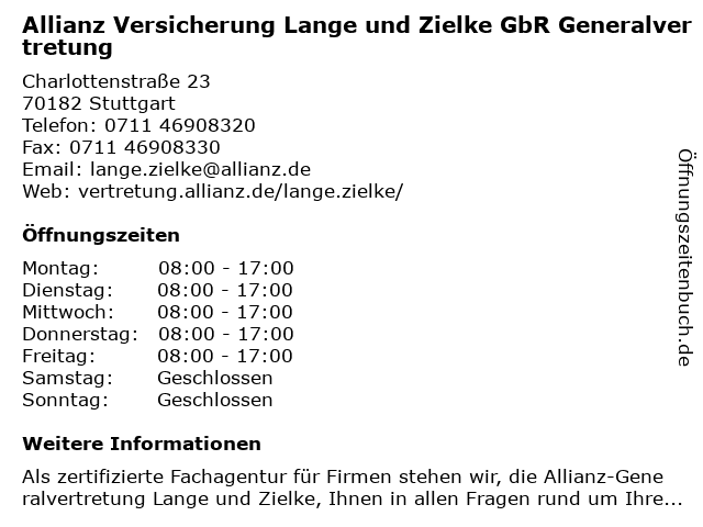 Allianz Versicherung Lange und Zielke GbR Generalvertretung in Stuttgart: Adresse und Öffnungszeiten
