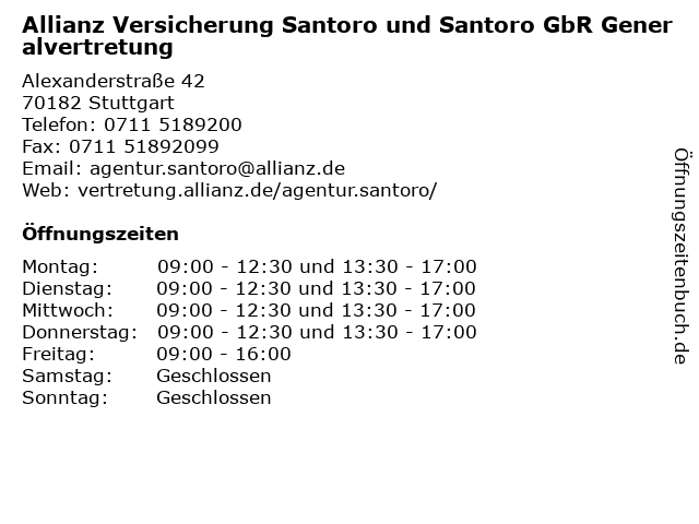 Allianz Versicherung Santoro und Santoro GbR Generalvertretung in Stuttgart: Adresse und Öffnungszeiten