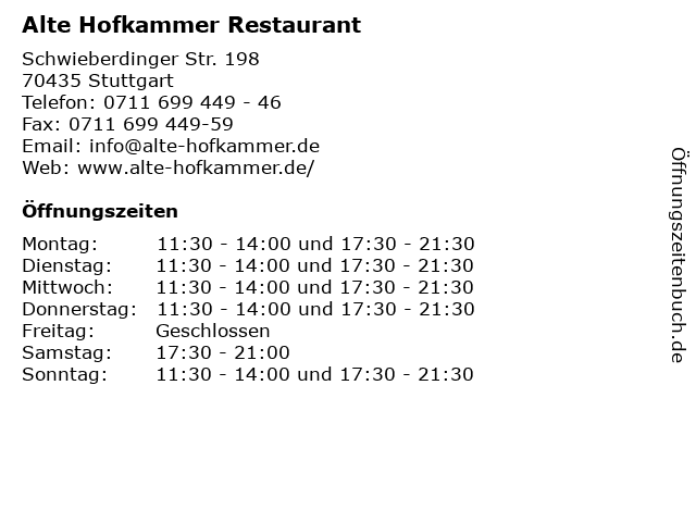 Alte Hofkammer Restaurant in Stuttgart: Adresse und Öffnungszeiten