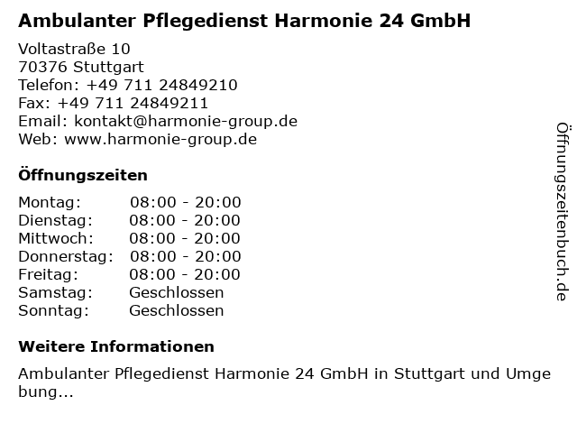 Ambulanter Pflegedienst Harmonie 24 GmbH in Stuttgart: Adresse und Öffnungszeiten