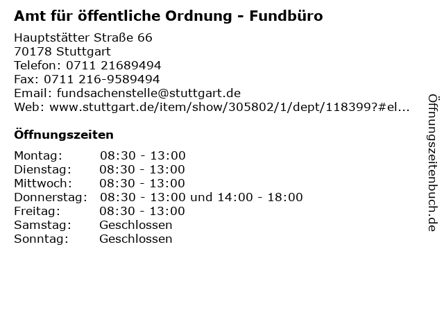 Amt für öffentliche Ordnung - Fundbüro in Stuttgart: Adresse und Öffnungszeiten