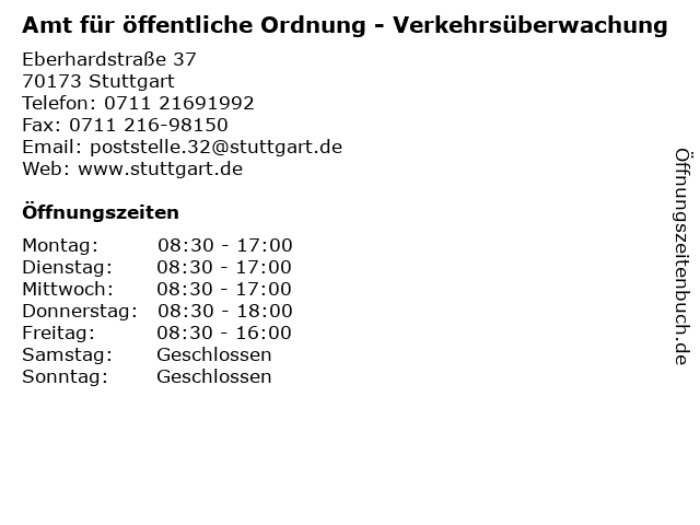Amt für öffentliche Ordnung - Verkehrsüberwachung in Stuttgart: Adresse und Öffnungszeiten