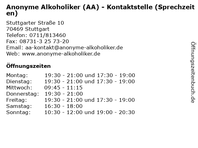 Anonyme Alkoholiker (AA) - Kontaktstelle (Sprechzeiten) in Stuttgart: Adresse und Öffnungszeiten