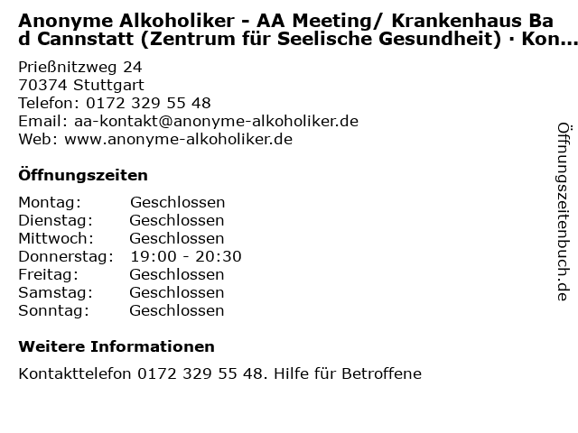 Anonyme Alkoholiker - AA Meeting/ Krankenhaus Bad Cannstatt (Zentrum für Seelische Gesundheit) · Konferenzraum 1 in Stuttgart: Adresse und Öffnungszeiten