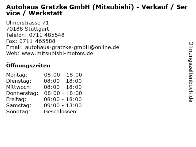 Autohaus Gratzke GmbH (Mitsubishi) - Verkauf / Service / Werkstatt in Stuttgart: Adresse und Öffnungszeiten