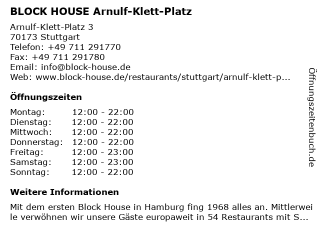 BLOCK HOUSE Arnulf-Klett-Platz in Stuttgart: Adresse und Öffnungszeiten