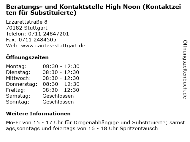Beratungs- und Kontaktstelle High Noon (Kontaktzeiten für Substituierte) in Stuttgart: Adresse und Öffnungszeiten