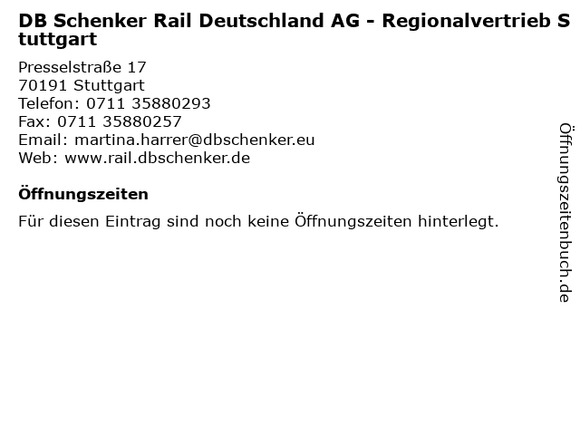 DB Schenker Rail Deutschland AG - Regionalvertrieb Stuttgart in Stuttgart: Adresse und Öffnungszeiten