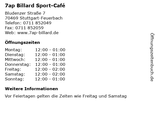 7ap Billard Sport-Café in Stuttgart-Feuerbach: Adresse und Öffnungszeiten