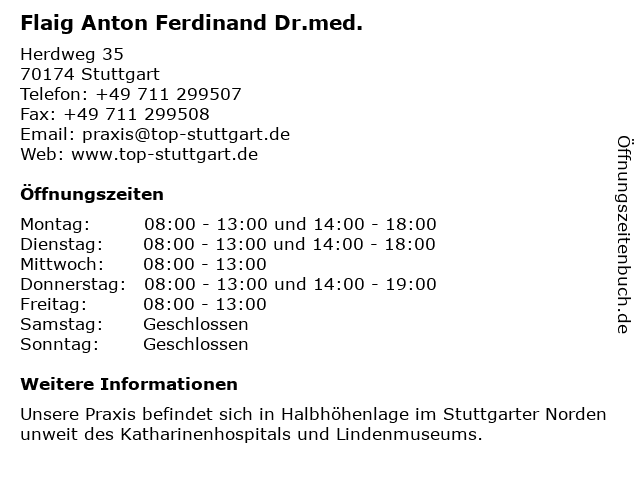 Flaig Anton Ferdinand Dr.med. in Stuttgart: Adresse und Öffnungszeiten