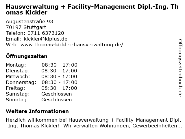 Hausverwaltung + Facility-Management Dipl.-Ing. Thomas Kickler in Stuttgart: Adresse und Öffnungszeiten