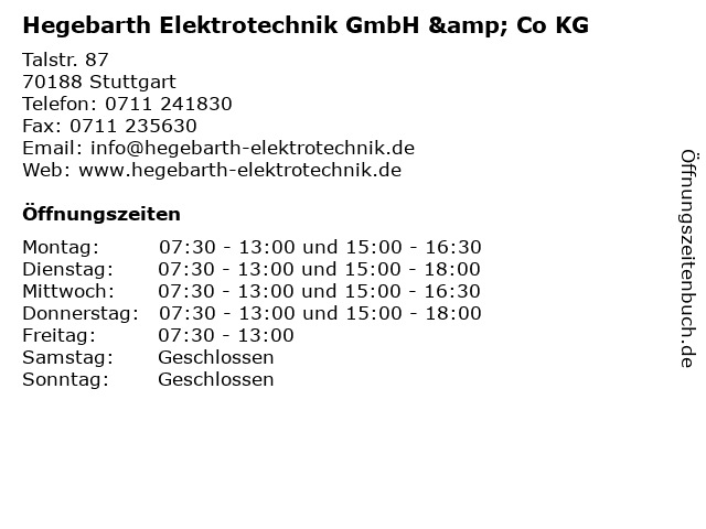 Hegebarth Elektrotechnik GmbH & Co KG in Stuttgart: Adresse und Öffnungszeiten