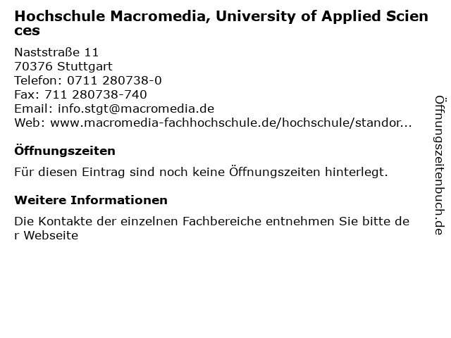 Hochschule Macromedia, University of Applied Sciences in Stuttgart: Adresse und Öffnungszeiten