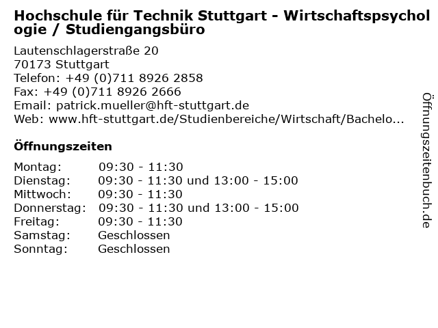 Hochschule für Technik Stuttgart - Wirtschaftspsychologie / Studiengangsbüro in Stuttgart: Adresse und Öffnungszeiten