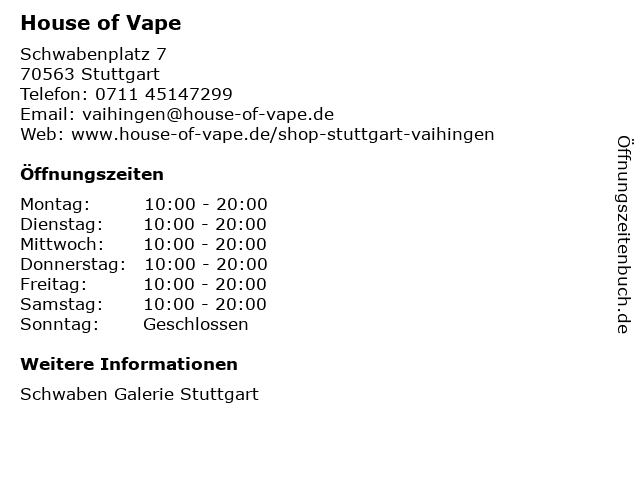 House of Vape in Stuttgart: Adresse und Öffnungszeiten
