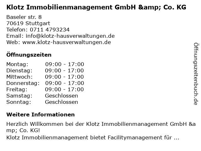 Klotz Immobilienmanagement GmbH & Co. KG in Stuttgart: Adresse und Öffnungszeiten