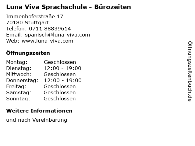 Luna Viva Sprachschule - Bürozeiten in Stuttgart: Adresse und Öffnungszeiten