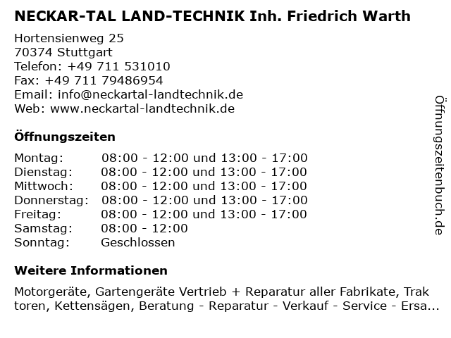 NECKAR-TAL LAND-TECHNIK Inh. Friedrich Warth in Stuttgart: Adresse und Öffnungszeiten