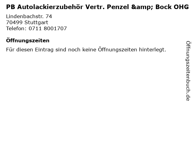 PB Autolackierzubehör Vertr. Penzel & Bock OHG in Stuttgart: Adresse und Öffnungszeiten