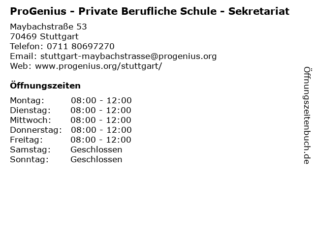 ProGenius - Private Berufliche Schule - Sekretariat in Stuttgart: Adresse und Öffnungszeiten