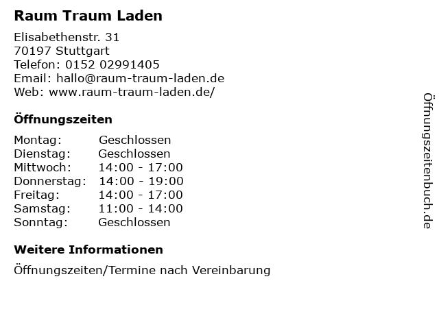 Raum Traum Laden in Stuttgart: Adresse und Öffnungszeiten