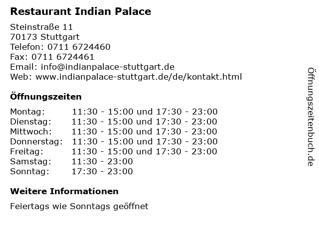 Restaurant Indian Palace in Stuttgart: Adresse und Öffnungszeiten