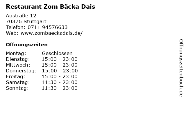 Restaurant Zom Bäcka Dais in Stuttgart: Adresse und Öffnungszeiten