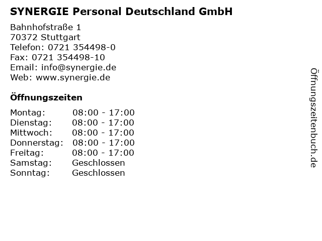 SYNERGIE Personal Deutschland GmbH in Stuttgart: Adresse und Öffnungszeiten