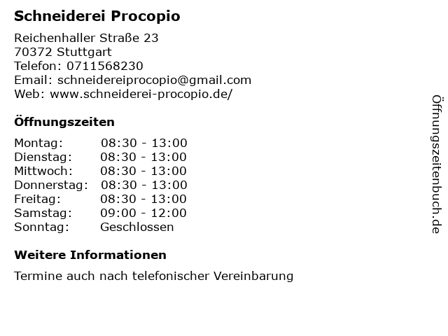 Schneiderei Procopio in Stuttgart: Adresse und Öffnungszeiten
