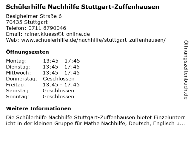 Schülerhilfe Nachhilfe Stuttgart-Zuffenhausen in Stuttgart: Adresse und Öffnungszeiten