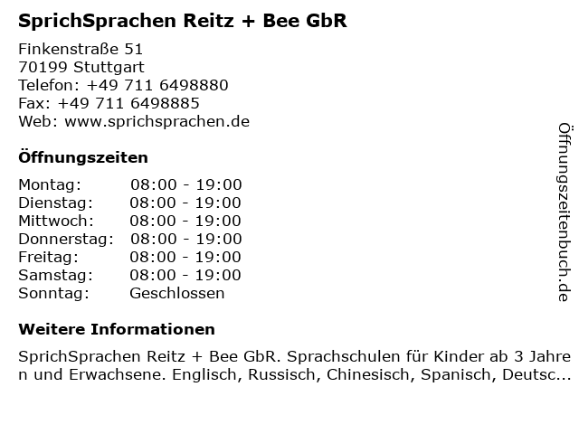 SprichSprachen Reitz + Bee GbR in Stuttgart: Adresse und Öffnungszeiten