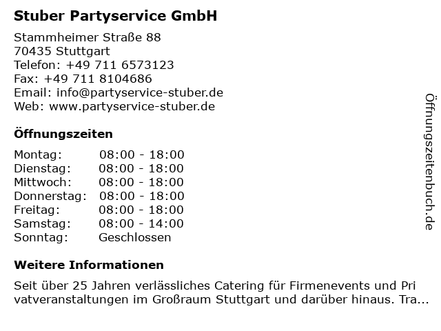 Stuber Partyservice GmbH in Stuttgart: Adresse und Öffnungszeiten