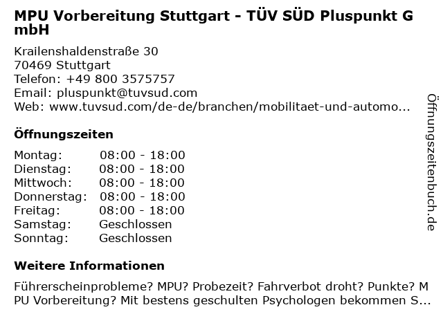 TÜV SÜD Pluspunkt GmbH - MPU Vorbereitung Stuttgart in Stuttgart: Adresse und Öffnungszeiten