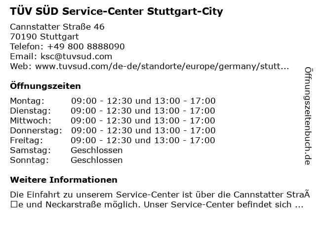 TÜV SÜD Service-Center Stuttgart-City in Stuttgart: Adresse und Öffnungszeiten