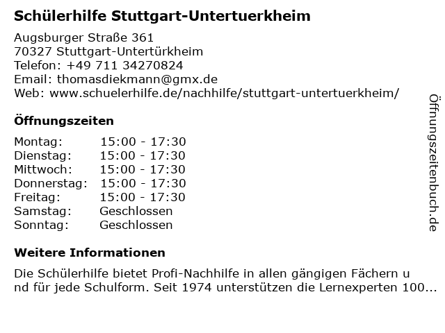 Schülerhilfe Stuttgart-Untertuerkheim in Stuttgart-Untertürkheim: Adresse und Öffnungszeiten