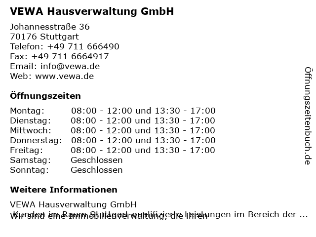 VEWA Hausverwaltung GmbH in Stuttgart: Adresse und Öffnungszeiten