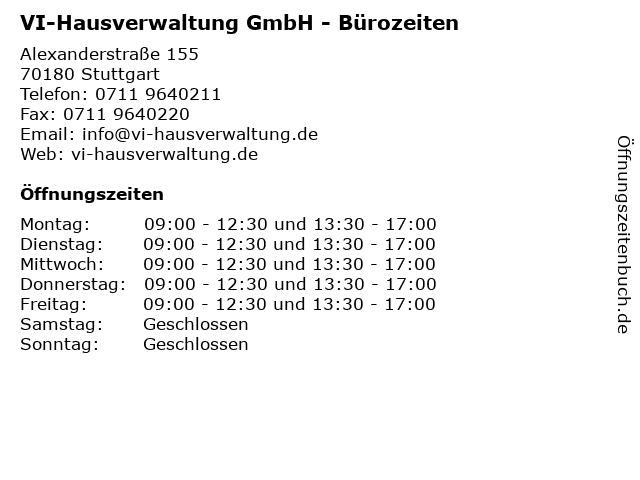 VI-Hausverwaltung GmbH - Bürozeiten in Stuttgart: Adresse und Öffnungszeiten