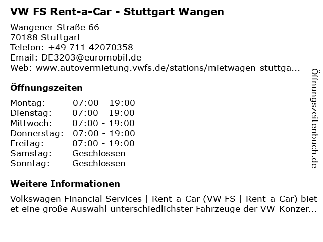VW FS Rent-a-Car - Stuttgart Wangen in Stuttgart: Adresse und Öffnungszeiten