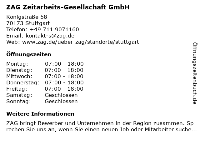 ZAG Zeitarbeits-Gesellschaft GmbH in Stuttgart: Adresse und Öffnungszeiten