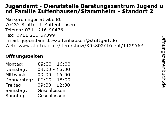 Jugendamt - Dienststelle Beratungszentrum Jugend und Familie Zuffenhausen/Stammheim - Standort 2 in Stuttgart-Zuffenhausen: Adresse und Öffnungszeiten