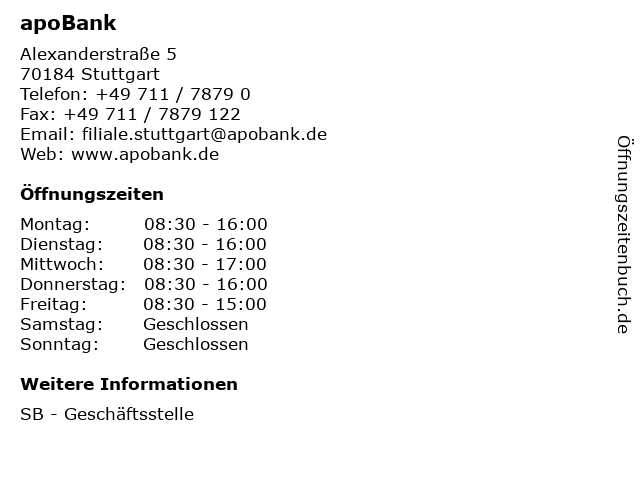 ᐅ Offnungszeiten Apobank Alexanderstrasse 5 In Stuttgart