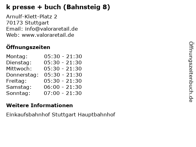 k presse + buch (Bahnsteig 8) in Stuttgart: Adresse und Öffnungszeiten