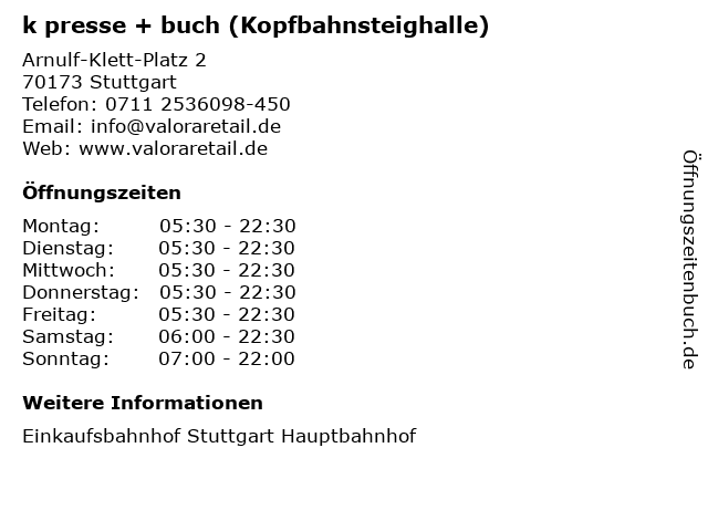 k presse + buch (Kopfbahnsteighalle) in Stuttgart: Adresse und Öffnungszeiten