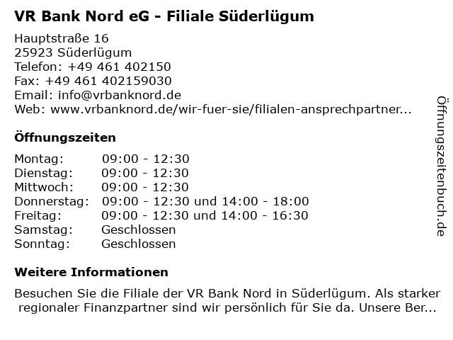 ᐅ Öffnungszeiten „VR Nord eG - Süderlügum“ | Hauptstraße 16 in Süderlügum