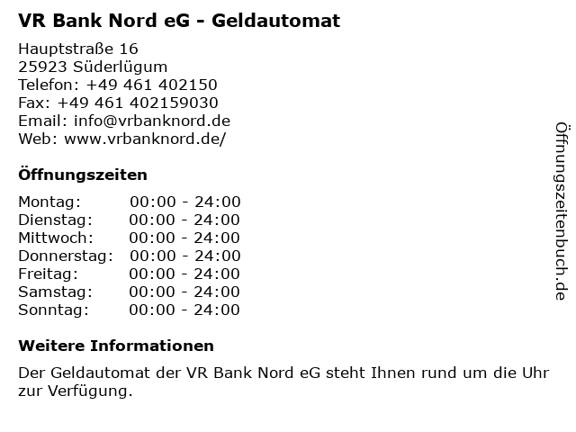 ᐅ Öffnungszeiten „VR Bank Nord eG - | Hauptstraße 16 in Süderlügum