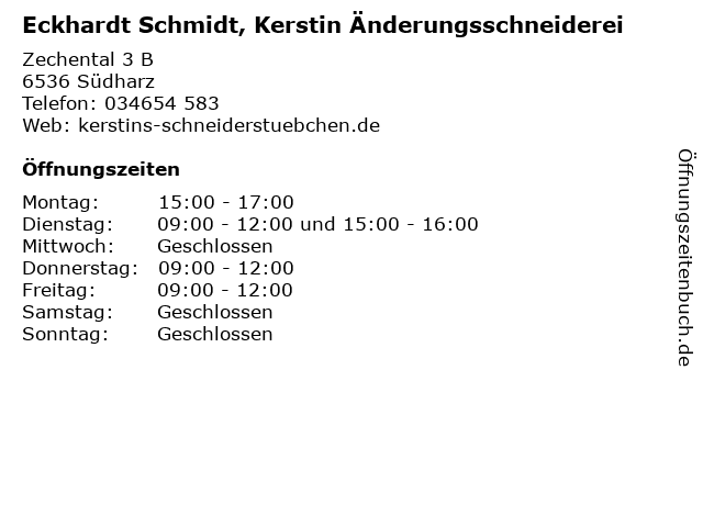 Eckhardt Schmidt, Kerstin Änderungsschneiderei in Südharz: Adresse und Öffnungszeiten