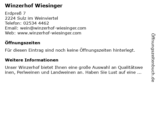 Winzerhof Wiesinger in Sulz im Weinviertel: Adresse und Öffnungszeiten