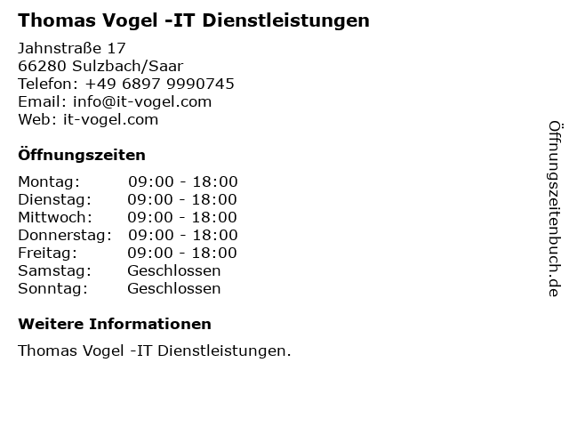 Thomas Vogel -IT Dienstleistungen in Sulzbach/Saar: Adresse und Öffnungszeiten