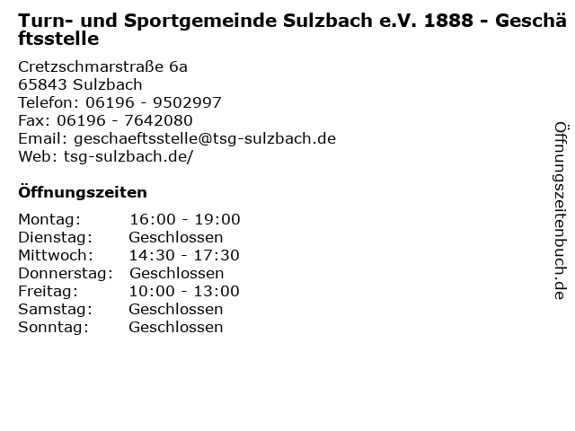 Turn- und Sportgemeinde Sulzbach e.V. 1888 - Geschäftsstelle in Sulzbach: Adresse und Öffnungszeiten
