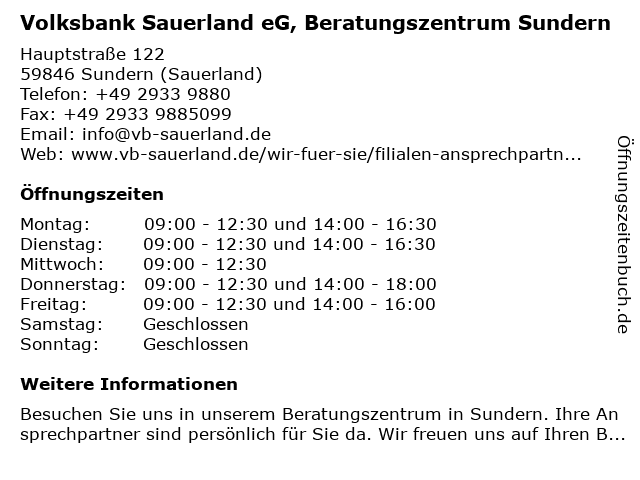 Volksbank Sauerland eG, Beratungszentrum Sundern in Sundern (Sauerland): Adresse und Öffnungszeiten